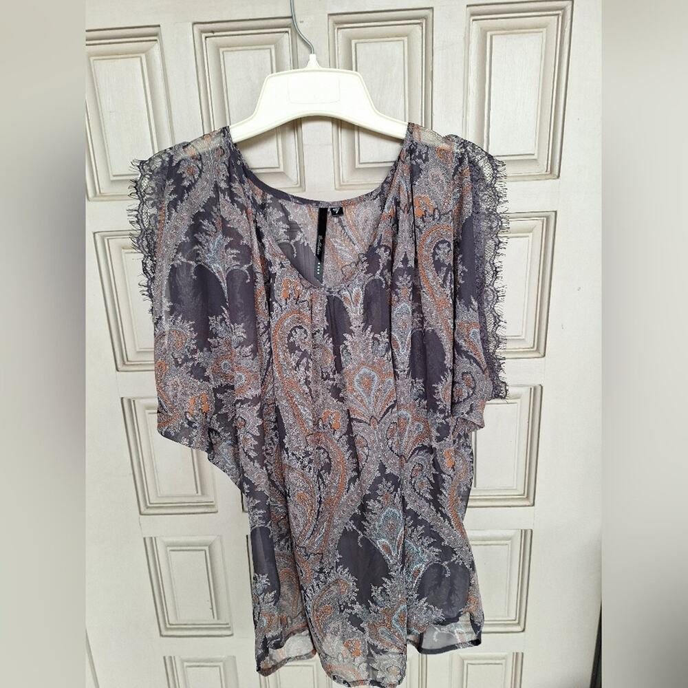 Bellatrix Sheer OverVest SzL Gray/Orange Lace Lined Sleeveless Pullover